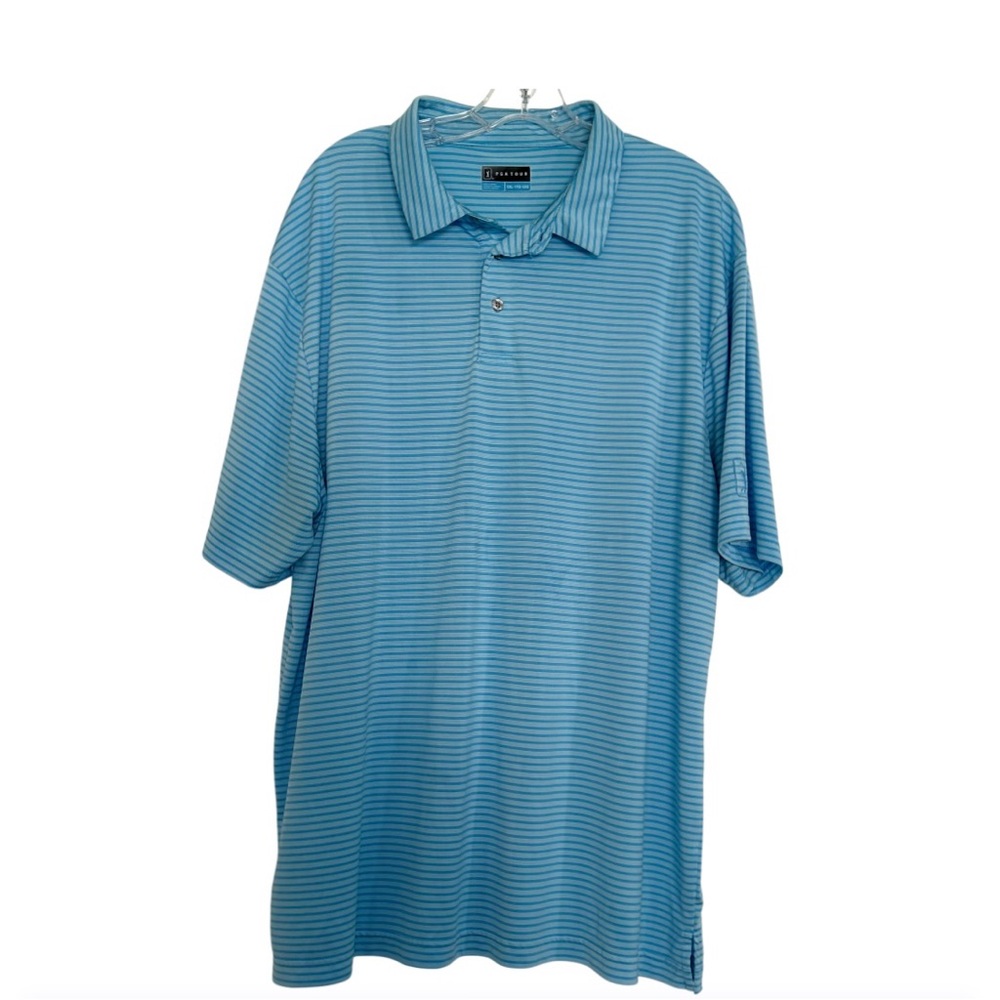 PGA Tour Blue Striped Men's Short Sleeve Golf Polo Button Collar Shirt XXL - Picture 2 of 5